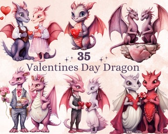 May include: A set of 35 digital illustrations of pink and purple dragons in various poses, some holding hearts, flowers, or coffee cups. The dragons are wearing clothing and have wings. The text "35 Valentines Day Dragon" is written in the centre of the image.