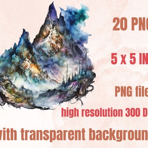 20 PNG Watercolor Fantasy Mountains Clipart, Magical Mountains Clip art, mountains landscape png, Landscape clipart, Mountains Scenes png