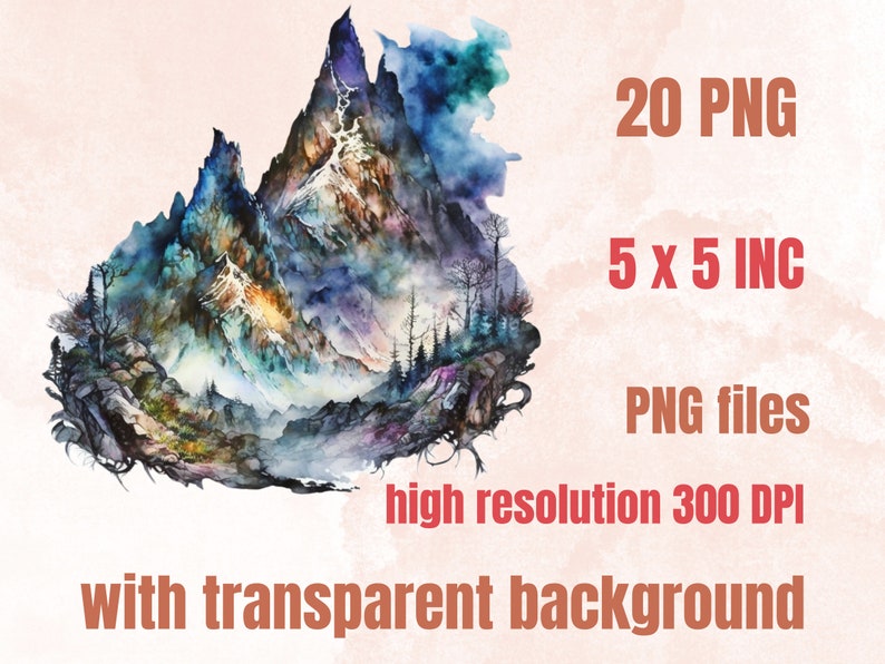 20 PNG Watercolor Fantasy Mountains Clipart, Magical Mountains Clip art, mountains landscape png, Landscape clipart, Mountains Scenes png