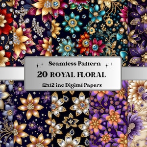 Naadloos Royal Flowers Digital Paper, Jeweled Floral Seamless Pattern, Elegant Floral Collage Paper Pack, Royal Textures, Rose Junk Journal