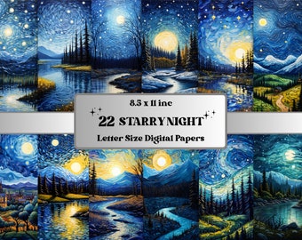 Printable Starry Night Digital Paper, Van Gogh Sky Background, Cosmic Galaxy Space Landscape Backdrop, Download Junk Journal, Scrapbooking