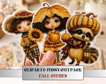 Fall Cuties Fussy Cuts & Clipart, Printable Autumn Cut Outs, Fall Ephemera, Junk Journal Scrapbook Kit, Cozy Paper Craft