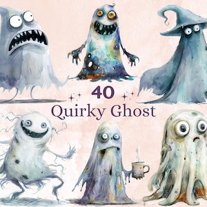 Könnte beinhalten: Ein Set mit 40 Aquarell-Illustrationen von skurrilen Geistern in verschiedenen Posen und Ausdrücken. Die Geister sind in einem skurrilen Stil mit einer Vielzahl von Farben und Texturen gezeichnet.