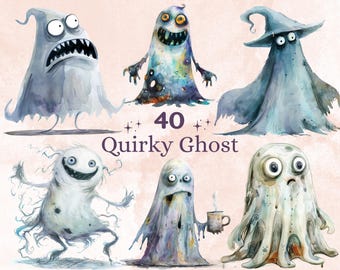 Pode incluir: Um conjunto de 40 ilustrações de aquarela de fantasmas excêntricos em várias poses e expressões. Os fantasmas são desenhados em um estilo peculiar com uma variedade de cores e texturas.