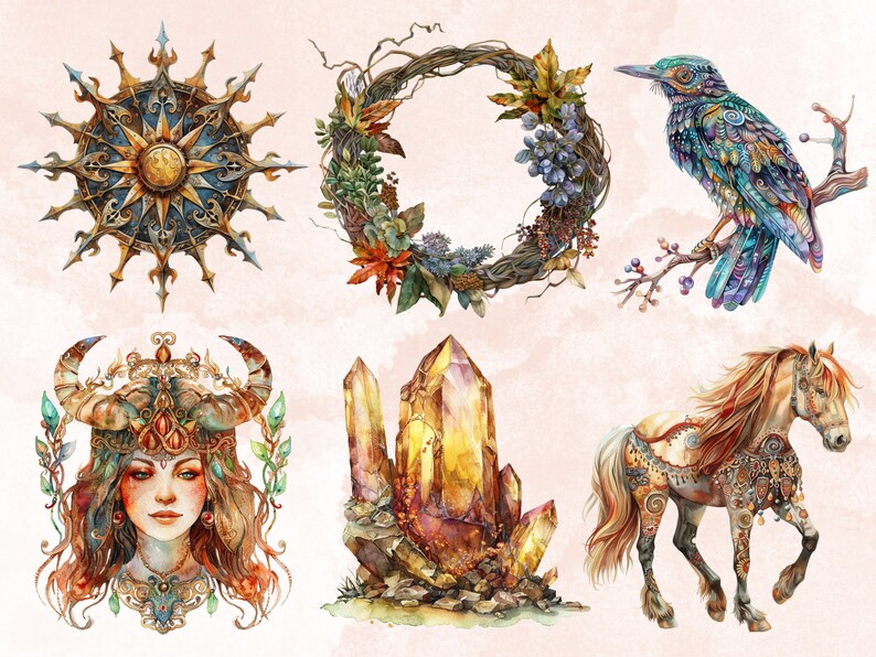 60 PNG Watercolor Litha Clipart, Floral Pagan Holiday Wiccan Art Illustrations Clip art, Summer Solstice png, Litha Sun Goddess Sublimation