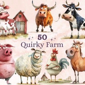 50 PNG Acquerello Quirky Farm Animals Clipart, Illustrazioni di fattoria stravaganti Clip art, Emozioni divertenti di piccoli animali png, Quirky Sublimation