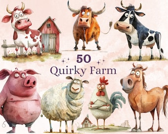 50 PNG aquarela peculiares animais de fazenda clipart, ilustrações caprichosas de fazenda clipart, pequenas emoções engraçadas de animais png, sublimação peculiar