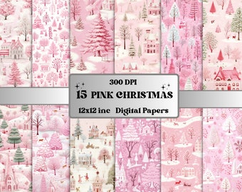 Printable Pink Christmas Digital Paper, Pastel Christmas Ephemera, Fantasy Noel Xmas Pages, Download Junk Journal, Scrapbooking, Card Making