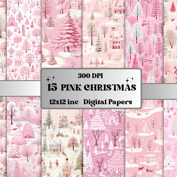 Printable Pink Christmas Digital Paper, Pastel Christmas Ephemera, Fantasy Noel Xmas Pages, Download Junk Journal, Scrapbooking, Card Making