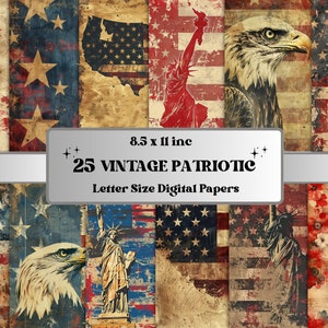 Vintage Patriotic America Digital Paper, 4 de julio Americana Ephemera, Stars and Stripes Grunge Journal Kit, Scrapbooking, Fabricación de tarjetas