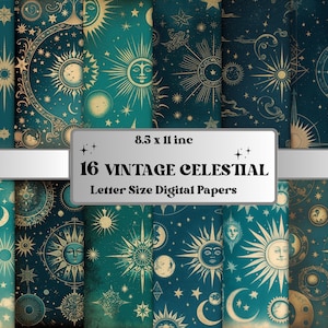 Afdrukbare JPG-pagina's Vintage Celestial Junk Journal Digital Paper Pack, Celestial Scrapbook Paper, Vintage Journal Page Ephemera Collage Pack