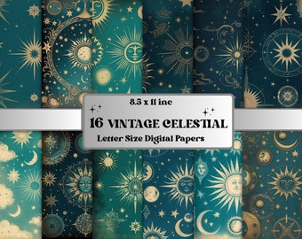 Printable JPG Pages Vintage Celestial Junk Journal Digital Paper Pack, Celestial Scrapbook Paper, Vintage Journal Page Ephemera Collage Pack