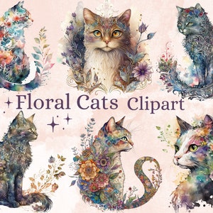 25 PNG Acquerello Floreale Gatti Clipart, Cat Clip Art Acquerello, Fairytale Cat Clipart, Fantasy Kitten Clipart, gatti con fiori primaverili