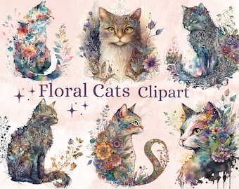 25 PNG Watercolor Floral Cats Clipart, Cat Clip Art Watercolour,  Fairytale Cat Clipart, Fantasy Kitten Clipart, cats with spring flowers