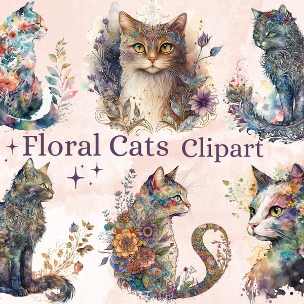 25 PNG Watercolor Floral Cats Clipart, Cat Clip Art Watercolour,  Fairytale Cat Clipart, Fantasy Kitten Clipart, cats with spring flowers