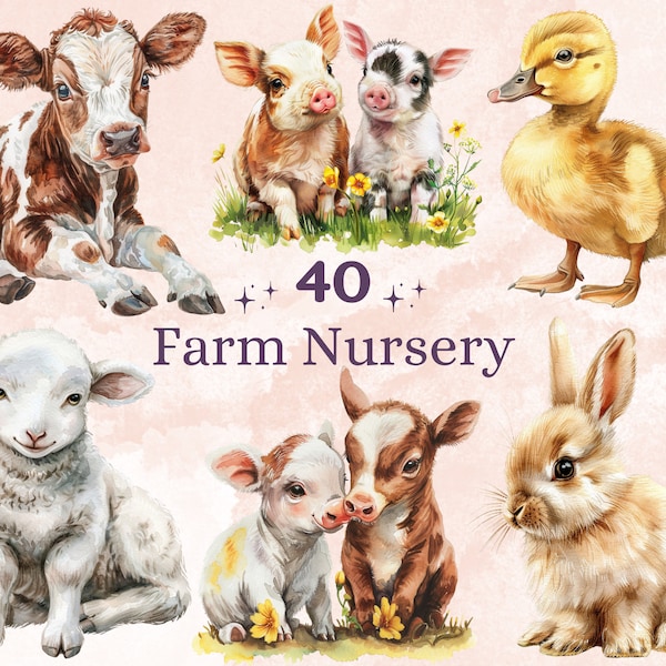 40 PNG Watercolor Farm Nursery Clipart, Newborn Baby Shower Illustration Clip art, Cute Cottage Life png, Baby Farm Animals Sublimation