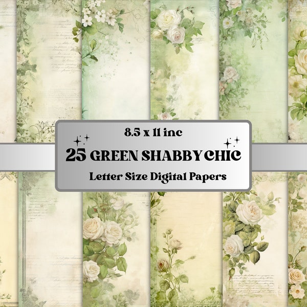 Green Shabby Chic Junk Journal Paper Pack, Vintage Shabby Chic Ephemera Kit, Romantic Scrapbook Paper, Printable Floral Roses Digital Pages
