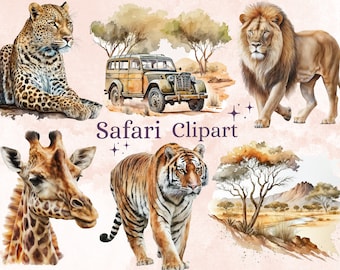 33 PNG Watercolour Safari Animals Clipart Bundle, Jungle Safari PNG, African Animals Wild Life Clip Art, Safari Sublimation Digital Files