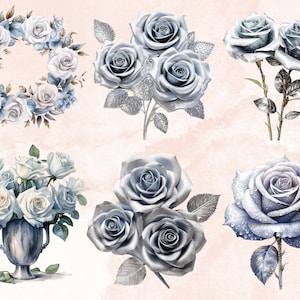 23 PNG Watercolor Silver Roses Clipart Bundle, Silver Colored Floral ...