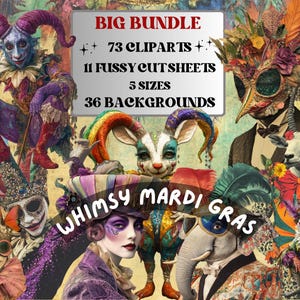 Whimsy Mardi Gras Collage Elements, Whimsical Surreal Masquerade Fussy Cut, Quirky Fleur De Lis Clipart, Junk Journal, Clipart Background