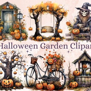 38 PNG Watercolor Halloween Garden Clipart, Halloween Tree Illustrations Clip art, Creepy Scarecrow png, Pumpkin Secret Garden Sublimation