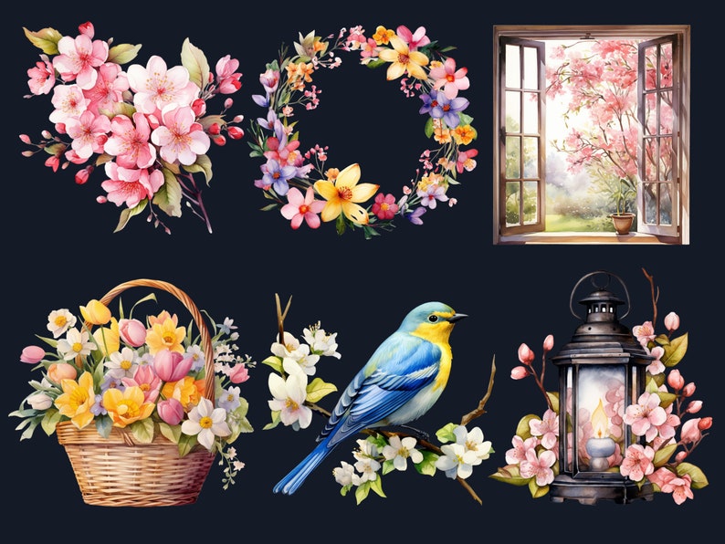 50 PNG Watercolor Spring Bundle Clipart, Floral Spring Illustrations ...