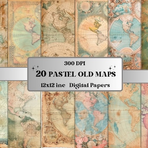 Pastellfarbene Landkarten Texturen, Digitales Papier, Antike Landkarte Junk Journal Seiten, Vintage Grunge Karten Texturen, druckbares Grungy Ephemera Sammelalbum