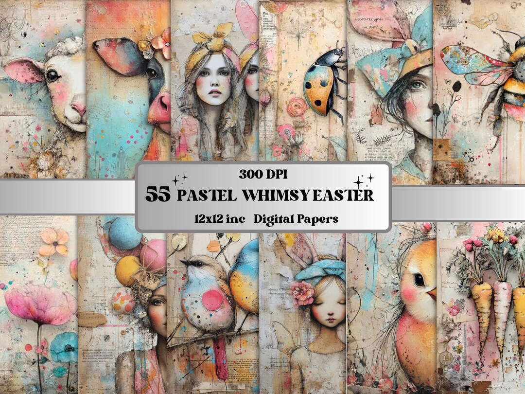 Pastel Whimsy Easter Paper Pack, Mixed Media Quirky Spring, Whimsical ...
