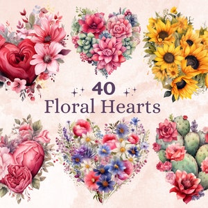 40 PNG Aquarell Valentinstag Herzen Clipart, Blumen Valentinstag Anordnung Illustrationen Clip art, Blumen Herzen Png Sublimation