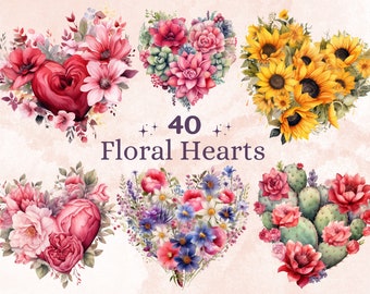 May include: Watercolor illustrations of floral hearts in various styles. The image features six heart-shaped arrangements, each composed of different flowers, including sunflowers, cacti, and roses. The text "40 Floral Hearts" is displayed in the center.