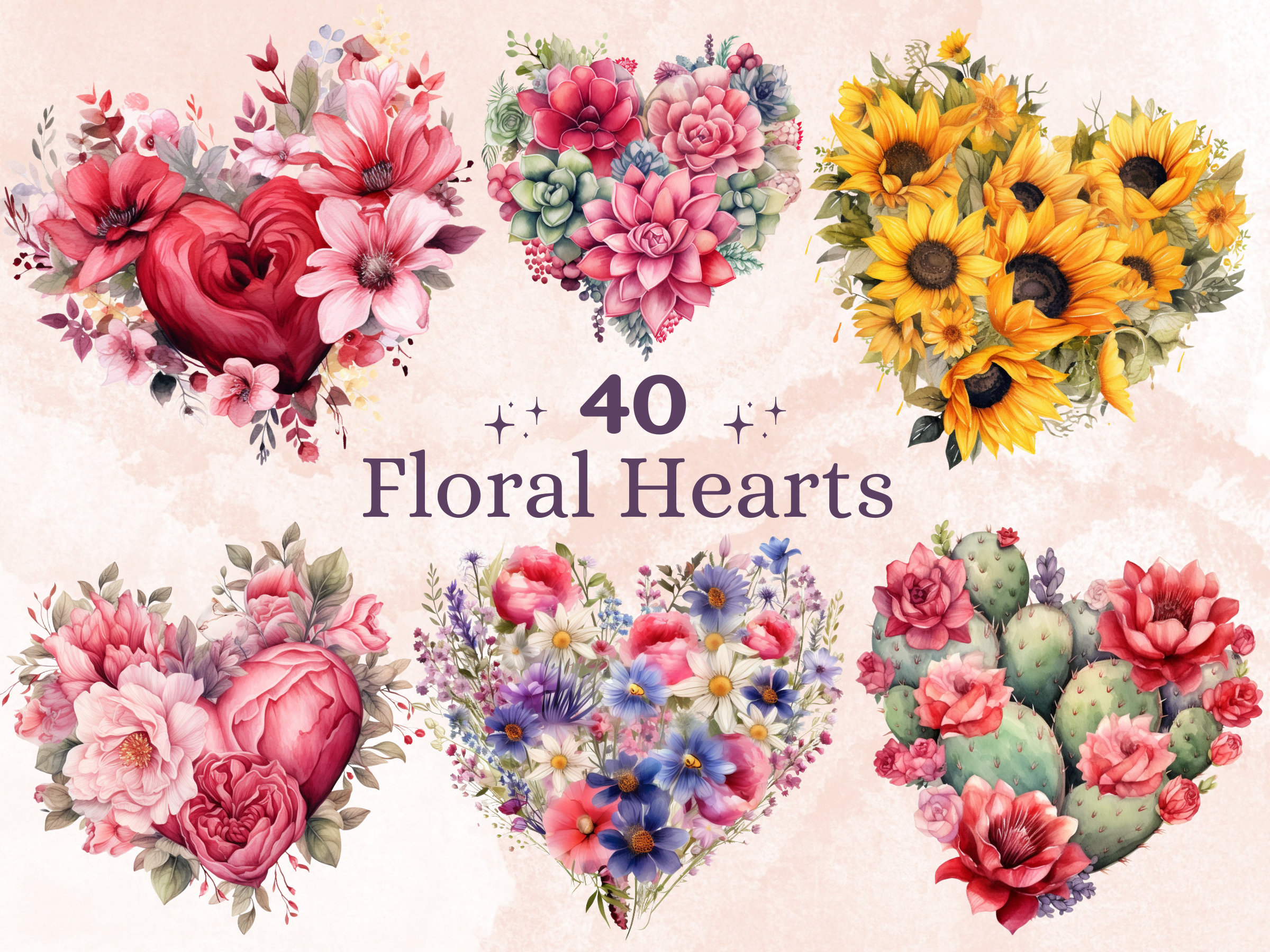 40 PNG Watercolor Valentine's Day Hearts Clipart, Floral Valentines Day ...