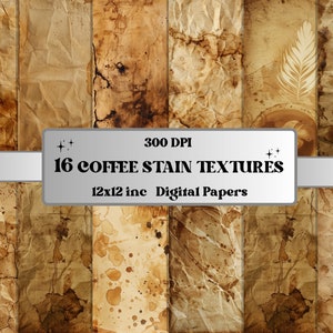 Paquete de papel digital manchado de café, páginas de diario teñidas de café desgastado vintage, texturas grunge marrones, álbum de recortes de efímera grungy imprimible