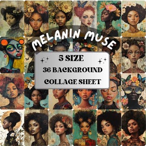 Carta da collage Melanin Muse, foglio di tecniche miste Surreal Black Girl, immagini effimere afro stravaganti, diario afroamericano, carta per album