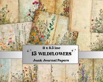 Carta per diario spazzatura di fiori di campo, kit effimero a doppia pagina botanica, carta per album collage da giardino, pagine digitali orizzontali stampabili