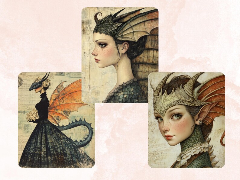 Dragon Tales Collage Paper, Surreal Quirky Dragon Mixed Media Sheet ...