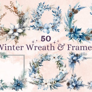 50 PNG acuarela corona de invierno Clipart, acogedores marcos florales de invierno ilustraciones Clip art, Winter Wonderland Png, sublimación de corona nevada