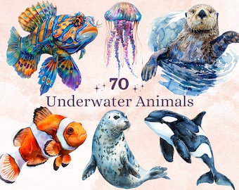 70 PNG Watercolor Underwater Animals Bundle Clipart, Ocean Nursery Clip art, Realistic Sea Animals png, Sealife Sublimation, Under the Sea