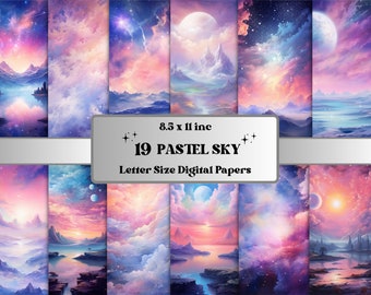 May include: 19 digital papers featuring pastel sky scenes with clouds, mountains, and water. Each paper is 8.5 x 11 inches.
