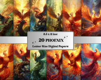 Printable Fantasy Phoneix Digital Paper, Magic Birds Background, Phoneix Cards, Download Junk Journal Kit, Scrapbooking, Commercial Use