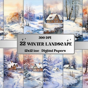 Afdrukbaar aquarel winterlandschap digitaal papier, winterwonderland scènes, besneeuwde bospagina's, junk journal, scrapbooking, kaarten maken