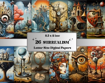 Printable Surrealism Digital Paper, Surreal Art Background, Fantasy Landscape Backdrop, Download Junk Journal, Scrapbooking, Card Making