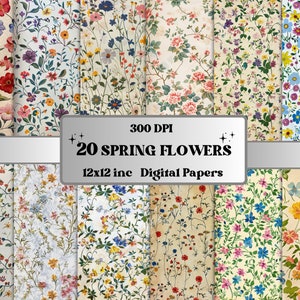 Papel digital de flores de primavera, kit de diário de lixo de flores silvestres florescendo, pequena colagem de coisas efêmeras florais de primavera, páginas de álbum de recortes botânicos de prado