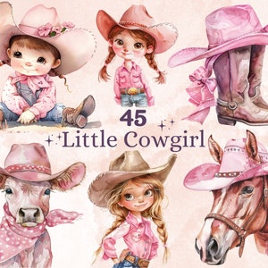 45 PNG Watercolor Little Cowgirl Clipart, Western Baby Shower Illustration Clip art, Cute Wild West Nursery png, Pink Cowgirl Sublimation