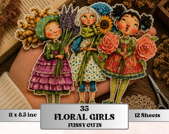 Quirky Girls with Flowers Fussy Cut Printable, 35 Floral Girl Cutouts, Botanical Ephemera Junk Journal Scrapbook Sheets