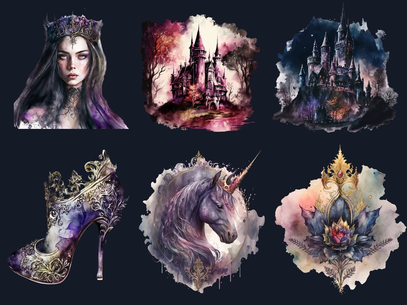 26 PNG Watercolor Gothic Princess Clipart, Princess Clip Art Watercolour Bundle, Gothic Clip art png, Dark Fairytale Fantasy PNG Bundle