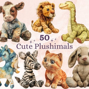 50 PNG Watercolor Plush Animals Clipart, Nursery Patchwork Toys Illustration Clip art, Cute Animal Toys png, Fluffy Plush Toys Sublimation