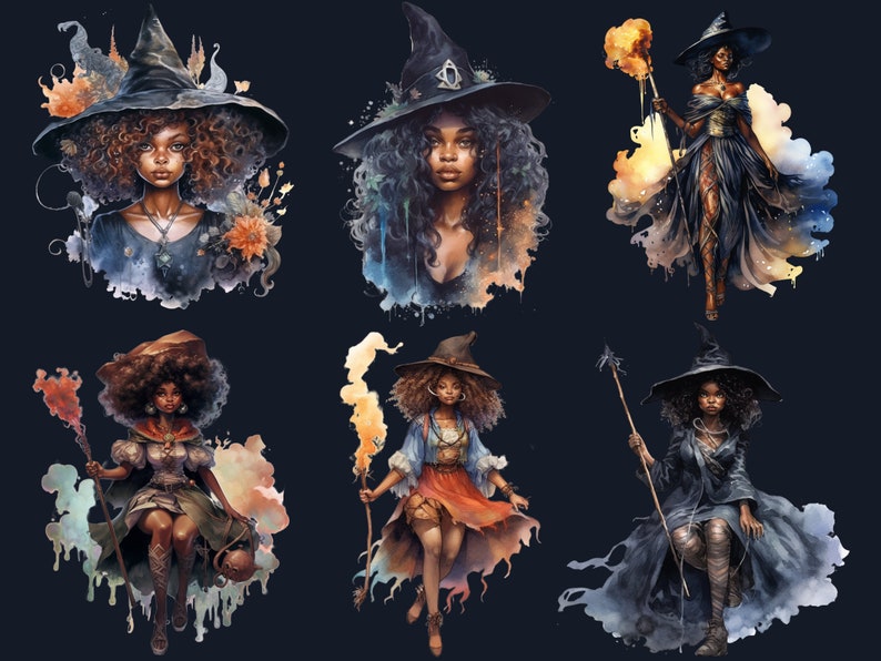 25 PNG akvarell svarta flickor häxor clipart, häxkonst clipart, afro häxa clip art png, magisk clip art, afrikansk melanin svart kvinna PNG bild 8