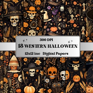Papel digital para impressão do Western Halloween, Cowboy Country Rustic Halloween, páginas assustadoras, download de Junk Journal, scrapbooking, criação de cartões