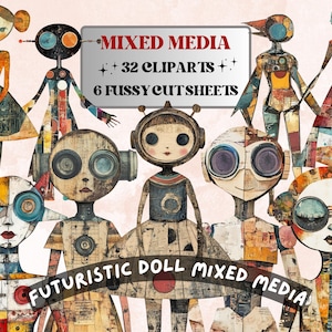 Skurrile futuristische Puppe, Mixed Media Clipart, Industrielles Mädchen, pingeliges Schnittmuster, schrullig geschnittenes Ephemera, Grunge Texturen Scrapbooking