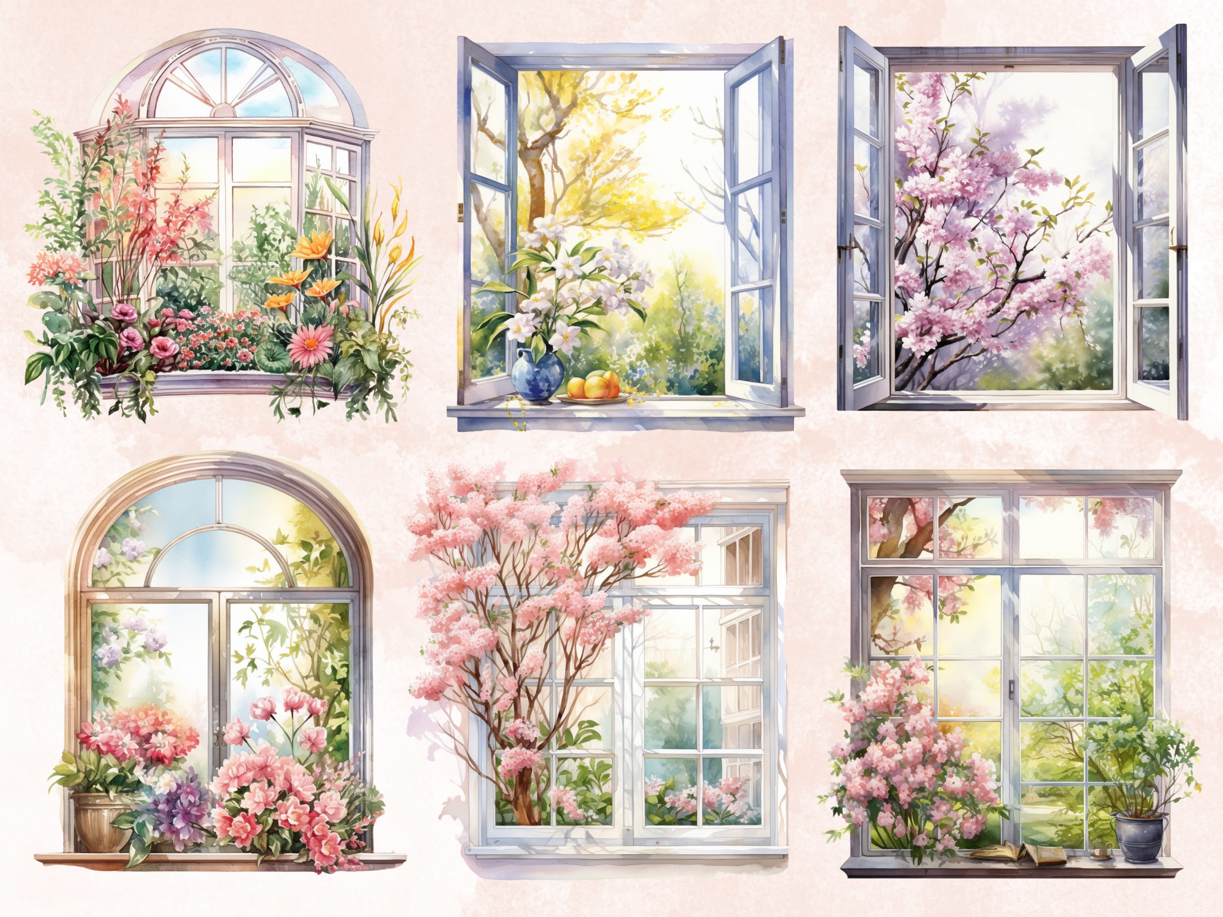 35 PNG Watercolor Spring Windows Clipart, Pink Floral Spring ...
